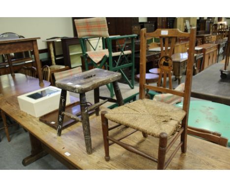 Oak tray, stool, child's chair, bathroom cabinet