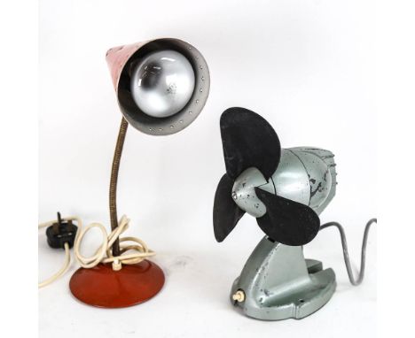 Vintage GEC 8" desk-top fan, and an orange metal maclamp TL33 desk lamp, height 31cm