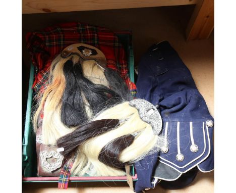 A Scots Guards pipe jacket, shoulder plaid, sporrans, buttons etc 