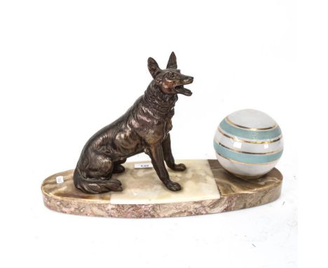An Art Deco figural Alsatian dog lamp, sectional veined marble base, with spelter figure and original gilded glass shade, bas