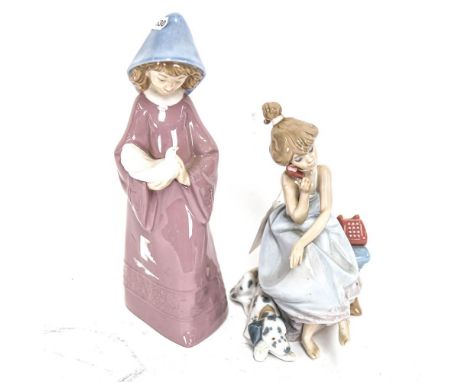 Lladro porcelain figure of a girl on the telephone, height 20cm, and NAO figure, girl with a dove (2) 