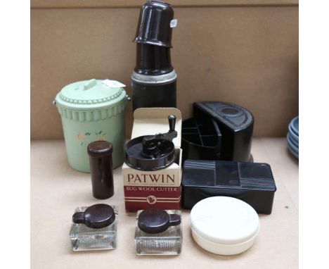 Various Vintage Bakelite items, including Thermos flask, wool cutter, inkwells etc 