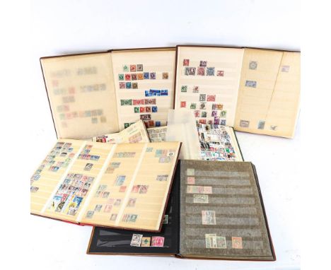 Brown stamp albums with assorted stamps, presentation pack, Mexico stamps etc 