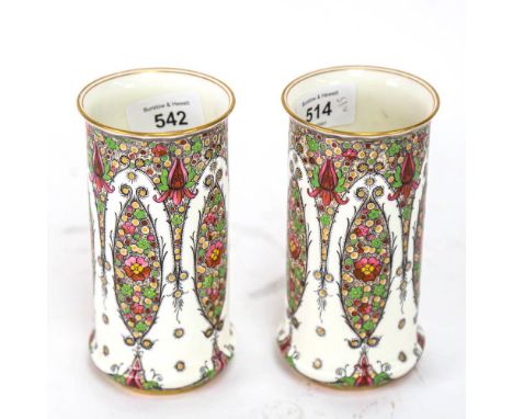 A pair of Royal Worcester painted and gilded cylinder vases, pattern no. 2510, retailed by Mappin &amp; Webb Ltd, height 14cm