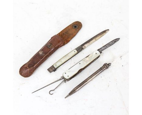 A mother-of-pearl and silver fruit knife, a silver propelling pencil, 10.5cm, and a multi-bladed knife in leather case 