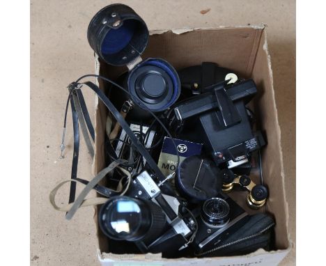 Various Vintage cameras, including Zenit ET 35mm single lens reflex camera with zoom lens, memory cards etc (boxful) 