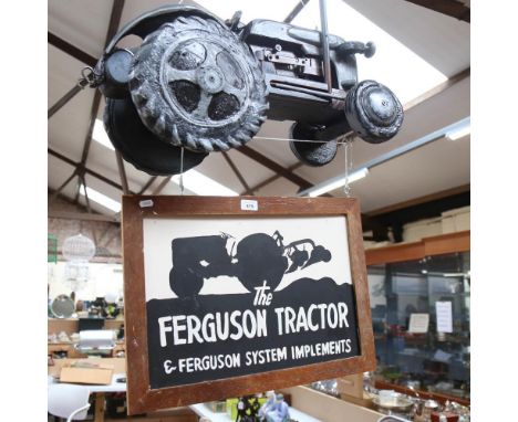 A handmade painted wood and metal model tractor, length 60cm, together with a Ferguson tractor handmade sign 