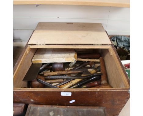 Various Antique carpenter's woodworking tools, including large chisels, small hatchet etc (boxful) 