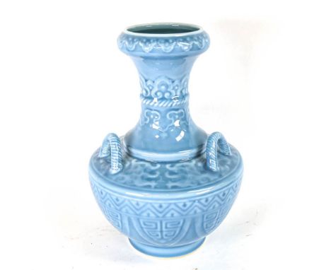 A Chinese duck egg blue ceramic garlic neck vase, modelled as a basket with ring handles, and 6 character seal script mark on