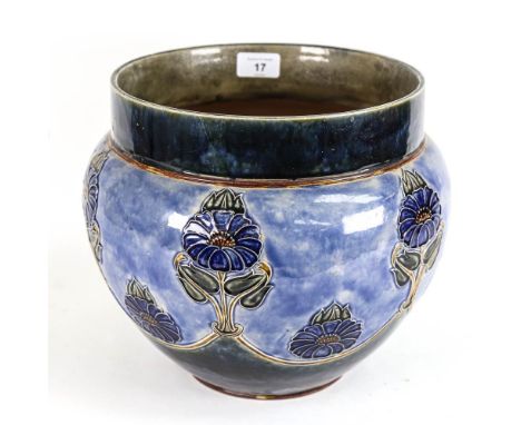 A large Art Nouveau Royal Doulton stoneware jardiniere, decorated with flowers, artist's stamp BW, numbered 6987, height 25cm