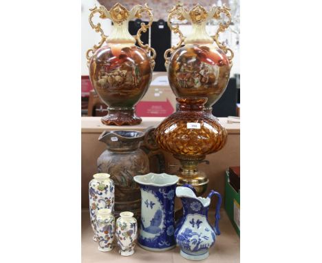 Various ceramic items, including 2 Oriental jugs with character marks, oil lamp etc 