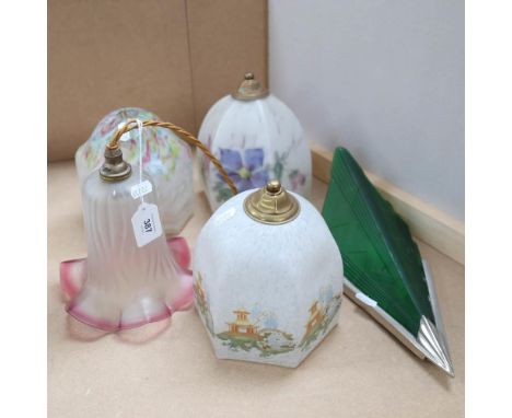 A group of 5 Vintage glass coloured lampshades, tallest 33cm 