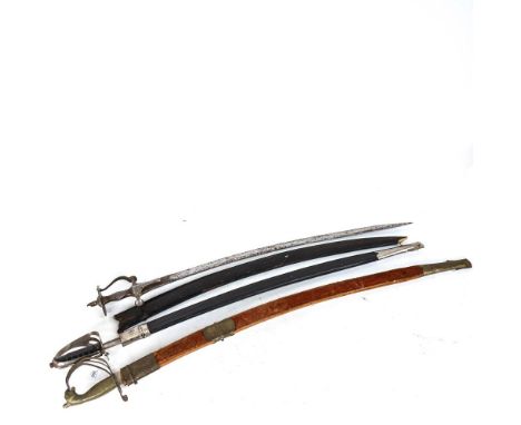 2 reproduction sabres in scabbards, and tulwar in scabbard, longest length 103cm 
