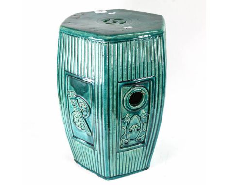 A Chinese green glazed ceramic hexagonal garden seat, height 46cm 