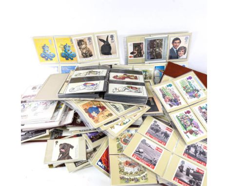 A box of stamp albums, Royal Mail postcards etc 