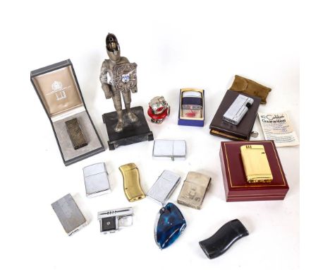 A box of Vintage cigarette lighters, including Colibri, Ronson, and novelty lighters 