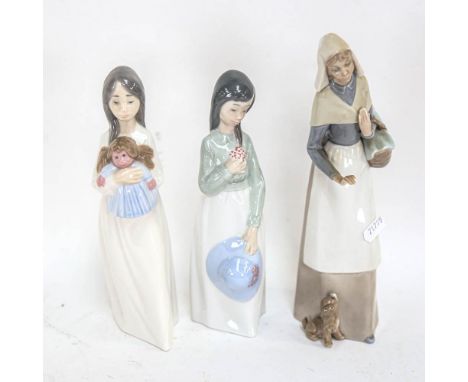 Lladro girl with a basket and puppy, 26cm, and 2 NAO girl figures 