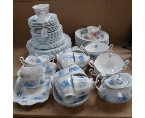 Royal Albert blue and white tea service, in Tiffany pattern, matching dinner plates, bowls and soup plates 