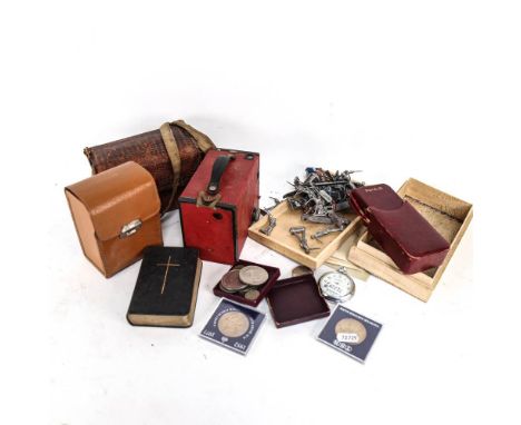 A red Brownie box camera, WW1 postcards, lead military figures etc 