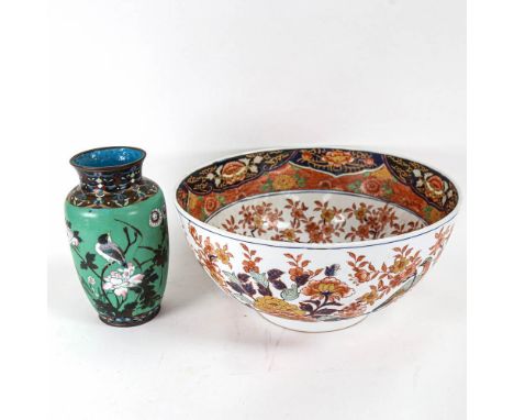 A large ceramic bowl with bird and peony decoration, 40cm across, and a cloisonne vase 