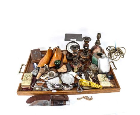 A tray of miscellaneous items, including a postal scale, shoe lasts, silver plated items, Vintage knife etc 