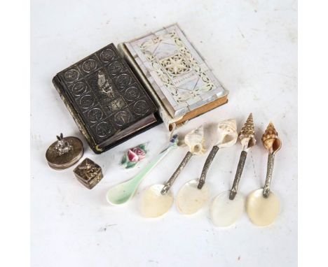 A box containing a mother-of-pearl inlaid Red Letter New Testament, Siddur Avodat Israel with published translation, with met