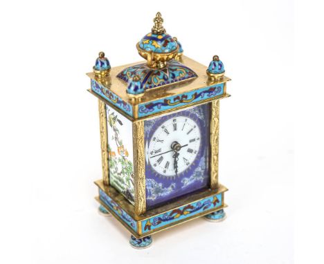 A modern Chinese cloisonne enamel brass-cased carriage clock, quartz movement with enamelled dial and side panels, overall he