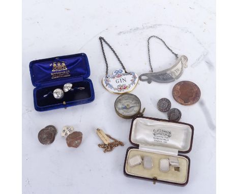 Cased silver cufflinks, coins, decanter labels, compass etc 