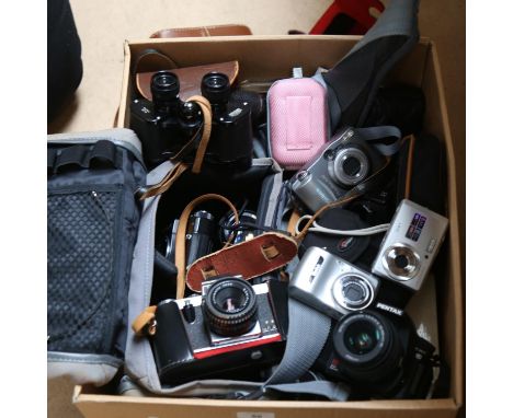 Various Vintage cameras, binoculars and equipment, including Zenit 12XP 35mm single lens reflex camera, Pentax K100 digital c