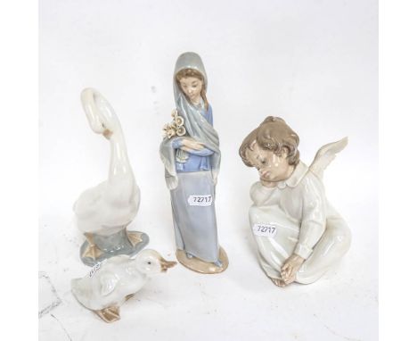 Lladro porcelain angel, height 16cm, Lladro girl, and 2 NAO ducks (4) 