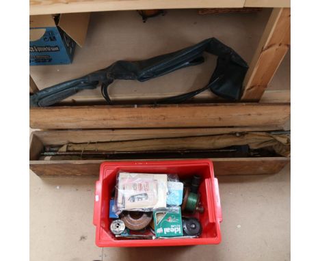 FISHING EQUIPMENT - including Vintage brass and wood reels, and Vintage cane and other fishing rods in pine case etc (2 boxfu