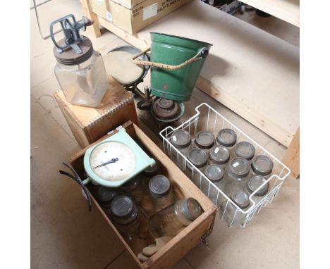 Kilner jars, kitchen scales, enamel pail etc 