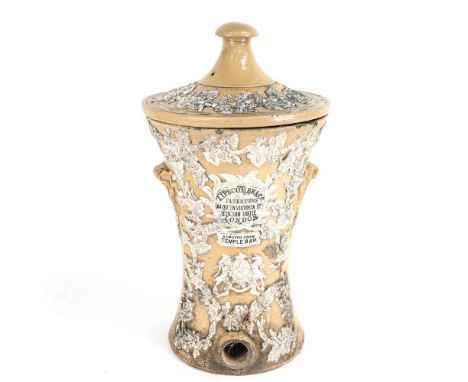 A Victorian Lipscombe &amp; Co stoneware water filter, with coat of arms, applied decoration and inscribed "Removed from Temp