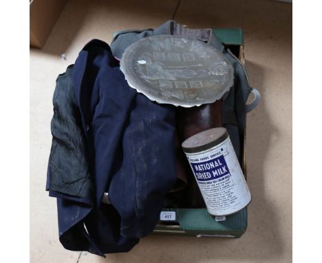 A mixed Lot of military items, including a uniform jacket, belt, water flask etc, and a miner's lamp 