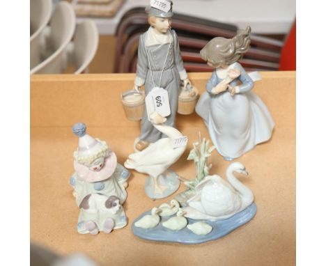 Lladro Dutch boy with pails of milk, 21cm, Lladro clown and puppy, duck, swan, and a NAO girl (5) 