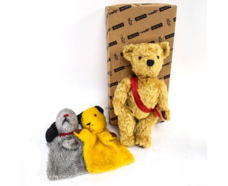 Vintage Chad Valley Sooty and Sweep glove puppets, and a Deans rag book teddy bear, height 33cm