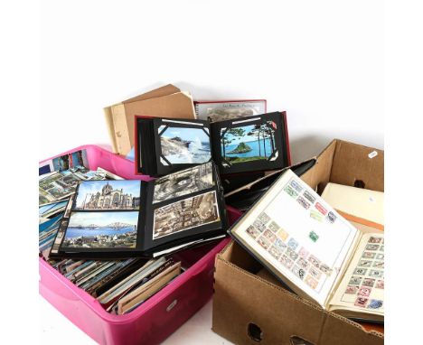 2 boxes of postage stamp albums, postcard albums etc 