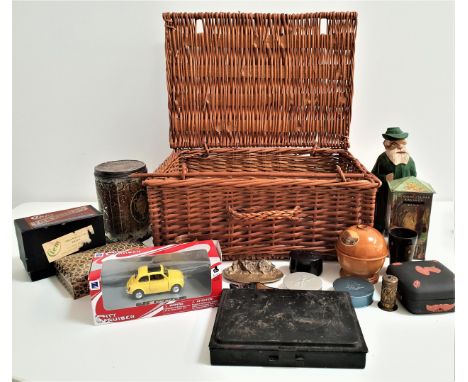 MIXED LOT OF COLLECTABLESincluding a wicker picnic basket, specimen wood book holder, West German novelty carved wood bottle,