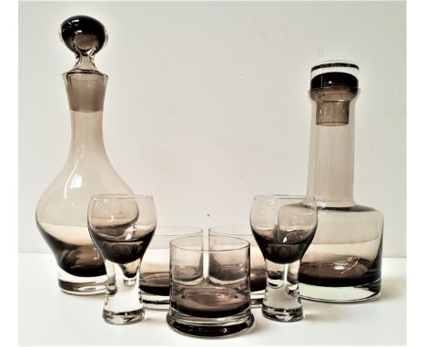 1960S CAITHNESS SMOKED GLASS SETcomprising a whisky and a wine decanter with stoppers, three whisky tumblers and two wines 