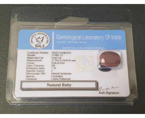 CERTIFIED LOOSE NATURAL RUBYthe oval cut ruby weighing 17.9cts, with GLI Gemmological Report 