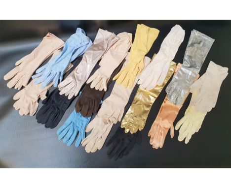 EIGHTEEN PAIRS OF LADIES GLOVESincluding evening and day time gloves with examples in satin, gold, silver suede and others (1