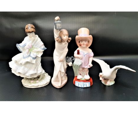 FOUR FIGURINEScomprising a Lladro goose, 16cm long, a Nao young girl in her night dress with her dog, 21.5cm high, Coalport V