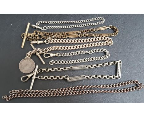 SELECTION OF ALBERT CHAINScomprising two silver plated examples with T-bars, one with coin fob dated 1819; a gold plated exam