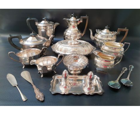 SELECTION OF SILVER PLATEincluding a mixed lot of flatware, pair of cased serving spoons, oval lidded serving dish, cruet set