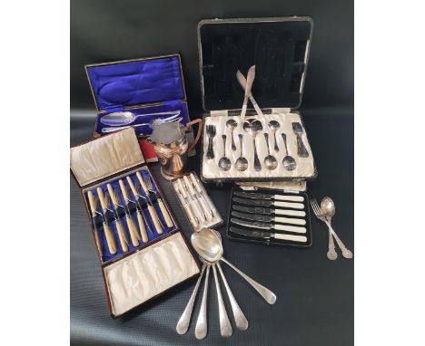 SELECTION OF SILVER PLATEincluding a cased dessert set of a serving spoon and six forks and spoons, serving spoon and fork, c