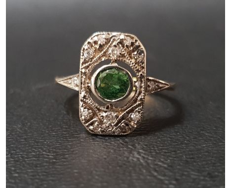 ART DECO STYLE TSAVORITE GARNET AND DIAMOND DRESS RINGthe central round cut garnet approximately 0.4cts, within pierced diamo