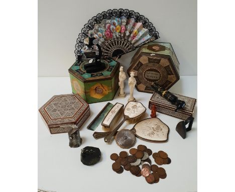 MIXED LOT OF COLLECTABLESincluding two Sharps metal toffee tins, selection of coins, two resin Japanese figures, carved Japan