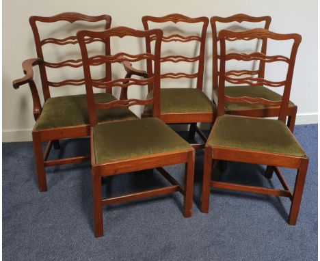 SET OF FIVE 18th CENTURY STYLE MAHOGANY DINING CHAIRSwith ladder backs and horizontal pierced splats above padded drop in sea
