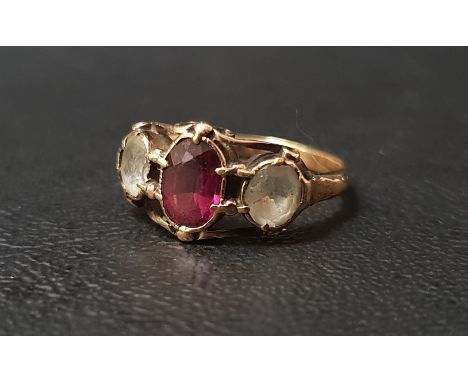 19th CENTURY GARNET AND CLEAR GEM SET THREE STONE RINGon unmarked gold shank, ring size M-N 