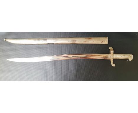 FRENCH SABRE BAYONETwith a 57.5cm long shaped blade, the ribbed handle slot marked 79, with a polished steel scabbard 